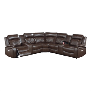 Ina Power Sectional Recliner L Shape Sofa- Console- Brown Faux Leather