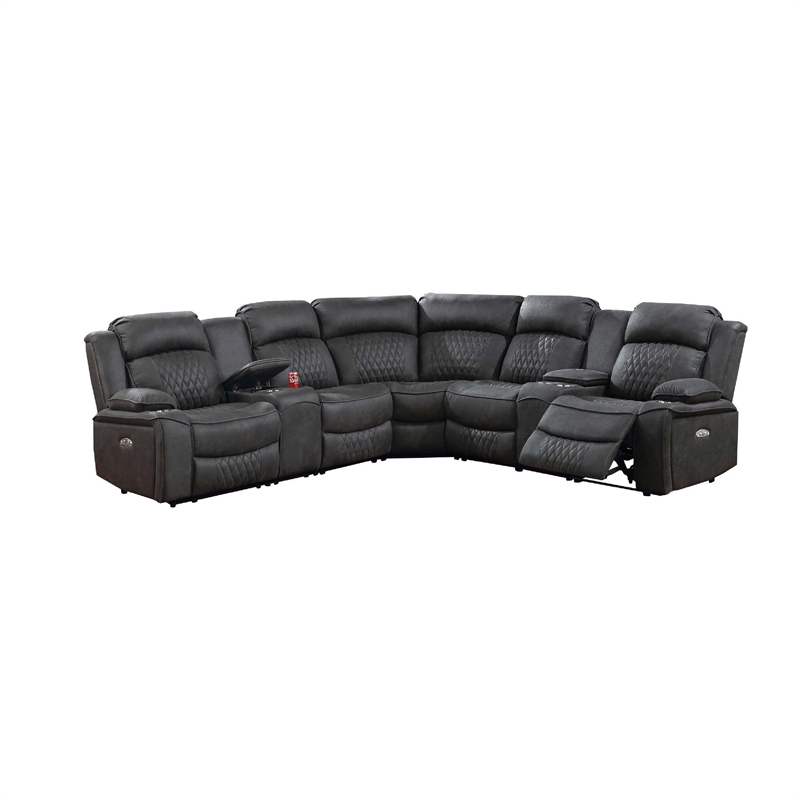 Ina Power Sectional Recliner L Shape Sofa- Charcoal Gray Faux Leather