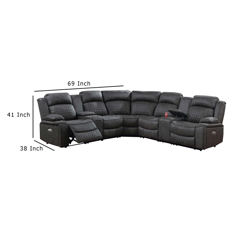 Ina Power Sectional Recliner L Shape Sofa- Charcoal Gray Faux Leather