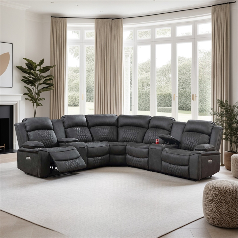 Ina Power Sectional Recliner L Shape Sofa- Charcoal Gray Faux Leather