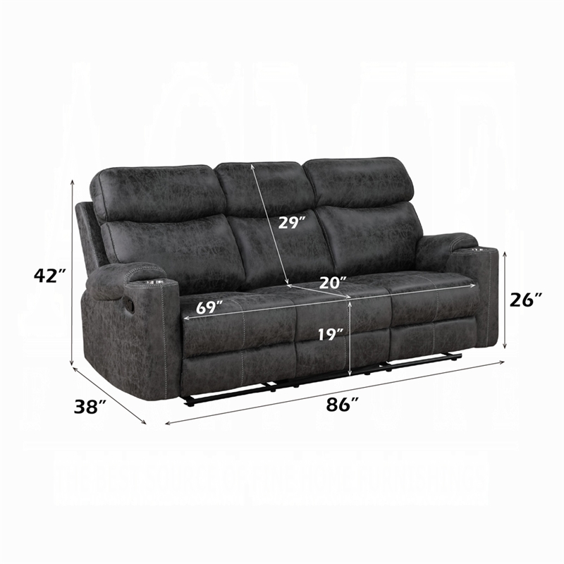 Hori Manual Recliner Sofa- 86 Inch- Dark Gray Microfiber- Cupholders