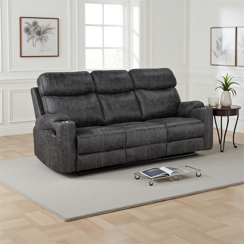 Hori Manual Recliner Sofa- 86 Inch- Dark Gray Microfiber- Cupholders