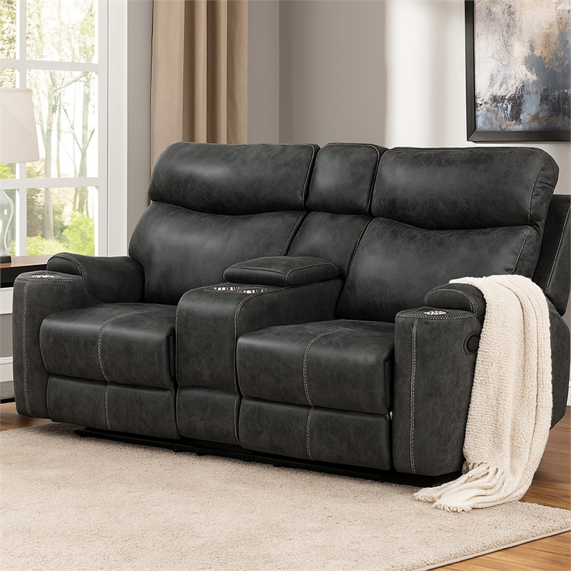 Hori Manual Recliner Loveseat- 75 Inch Gray Microfiber- Cupholders