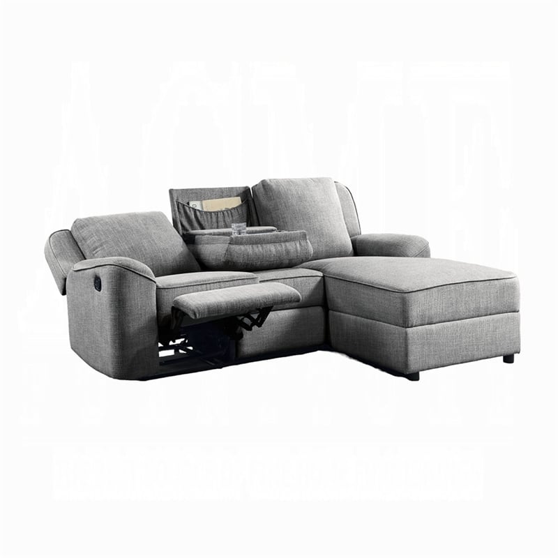 Diny Manual Recliner Sectional Sofa- Dropdown Center Table- Gray Linen