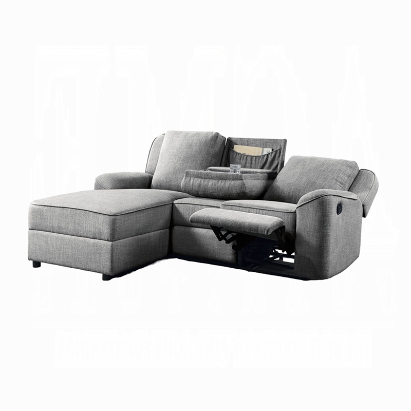 Diny Manual Recliner Sectional Sofa- Dropdown Center Table- Gray Linen