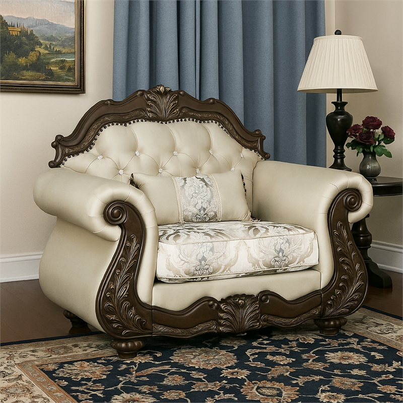 Reese Accent Chair- Floral Classic Cherry Brown Wood- Beige 1 Pillow
