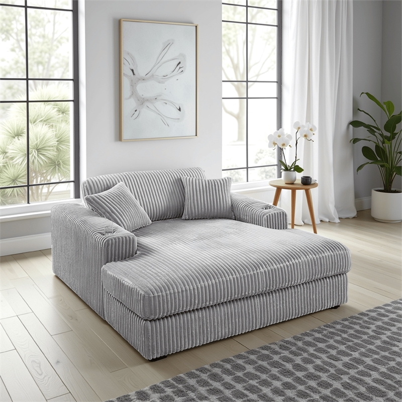 Liny Oversized Chaise- 2 Cupholders- 2 Pillows- Beige Velvet Corduroy