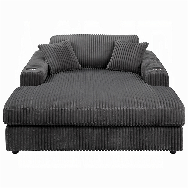 Liny Oversized Chaise- 2 Cupholders- 2 Pillows- Gray Velvet Corduroy