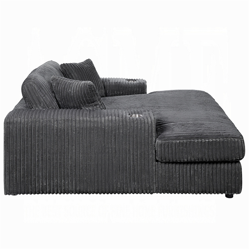 Liny Oversized Chaise- 2 Cupholders- 2 Pillows- Gray Velvet Corduroy