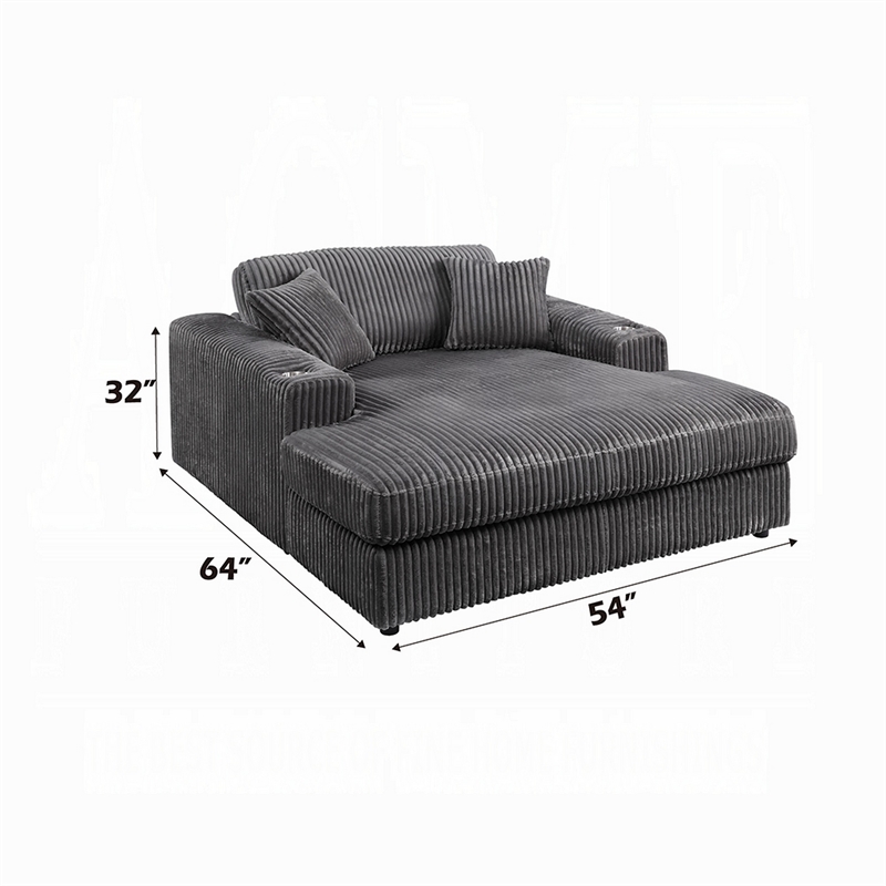 Liny Oversized Chaise- 2 Cupholders- 2 Pillows- Gray Velvet Corduroy