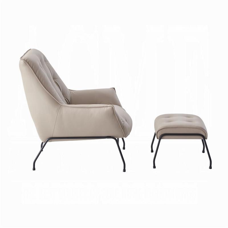 Quiza 2pc Set Accent Chair and Ottoman- Khaki Top Grain Leather- Metal
