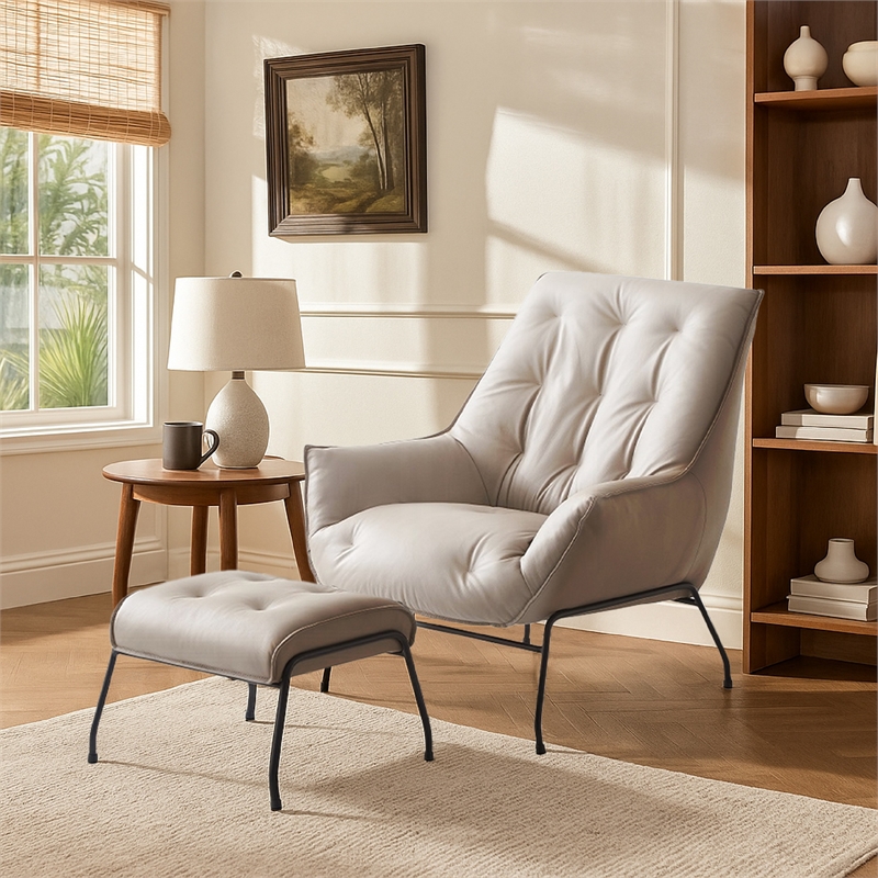 Quiza 2pc Set Accent Chair and Ottoman- Khaki Top Grain Leather- Metal