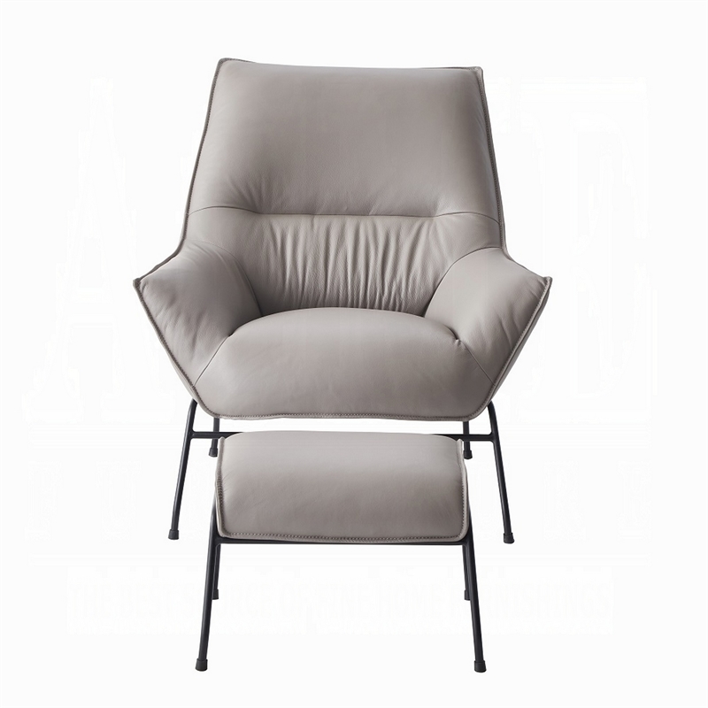 Abela 2pc Set Accent Chair and Ottoman- Light Gray Top Grain Leather