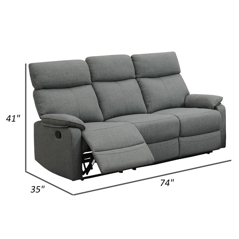 Fery 74 Inch Manual Recliner Sofa- 3 Seater- Gray Burlap Upholstery- Wood