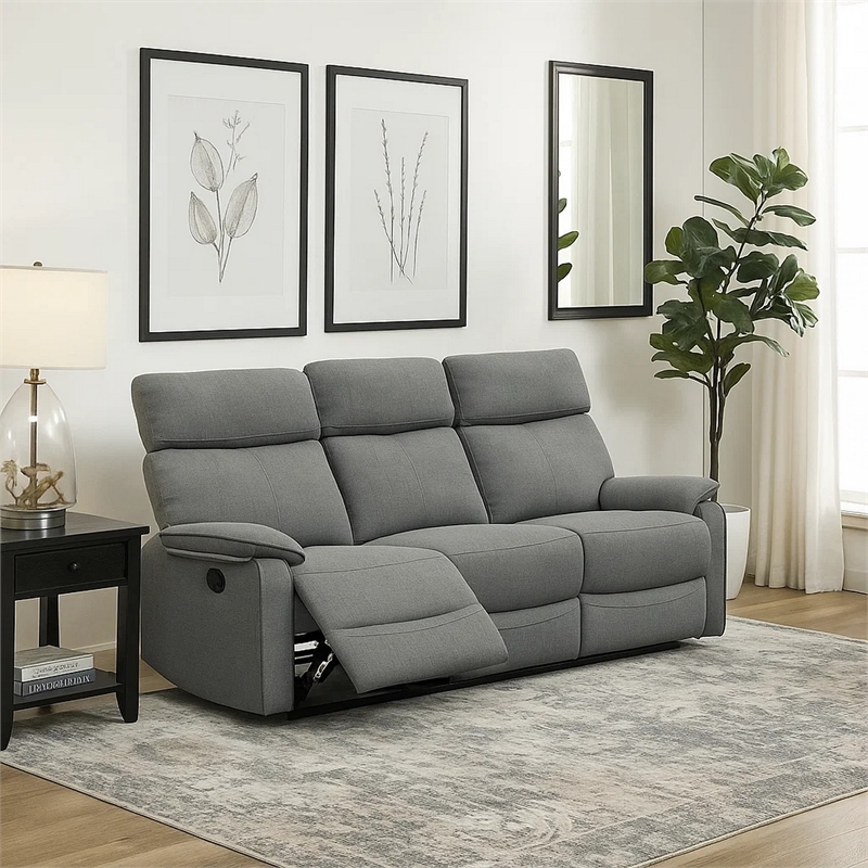 Fery 74 Inch Manual Recliner Sofa- 3 Seater- Gray Burlap Upholstery- Wood