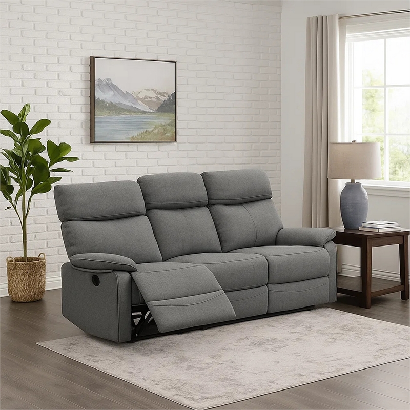 Fery 74 Inch Manual Recliner Sofa- 3 Seater- Gray Burlap Upholstery- Wood