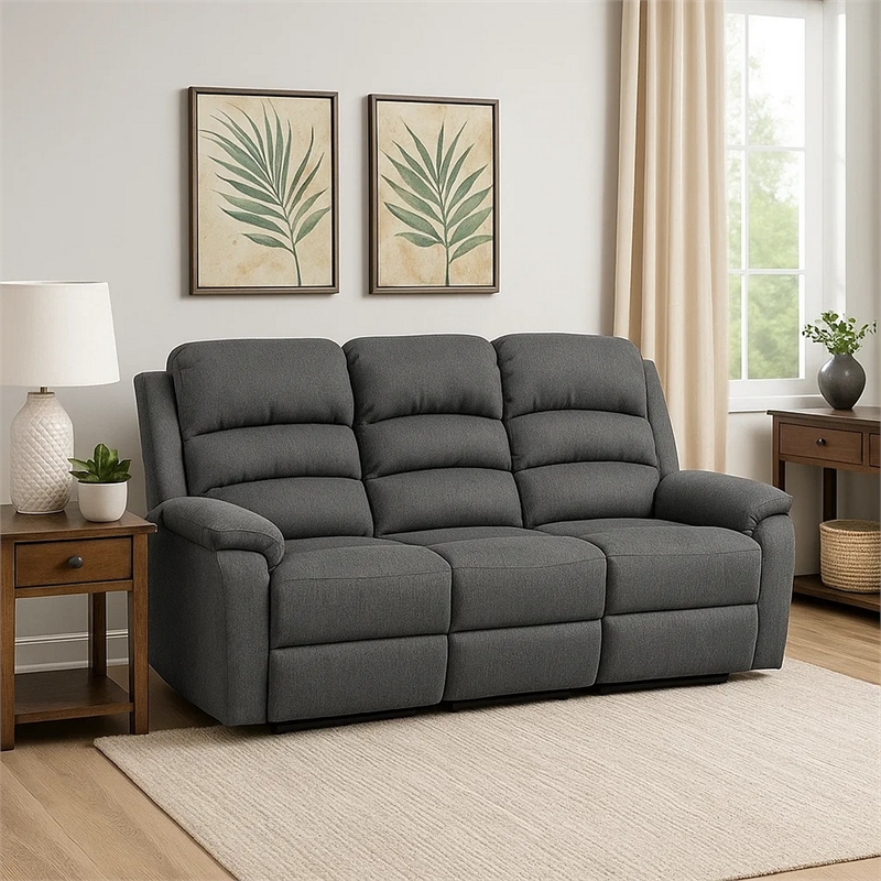 Fery 74 Inch Manual Recliner Sofa- 3 Seater- Gray Burlap Upholstery- Wood