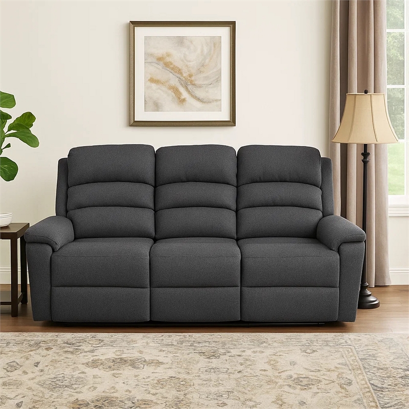 Fery 74 Inch Manual Recliner Sofa- 3 Seater- Gray Burlap Upholstery- Wood