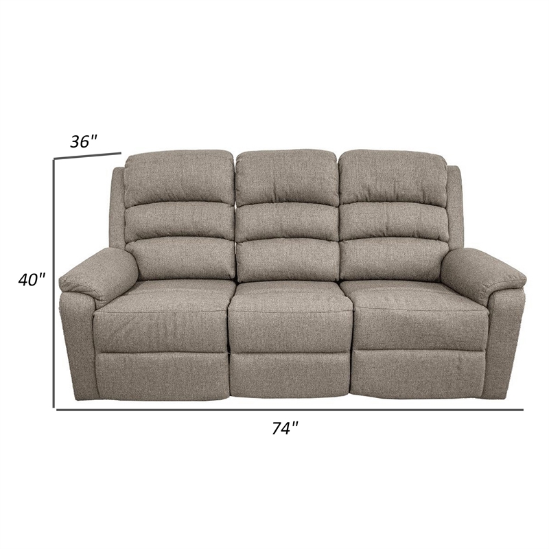 Fery 74 Inch Manual Recliner Sofa- 3 Seater- Brown Burlap Upholstery- Wood