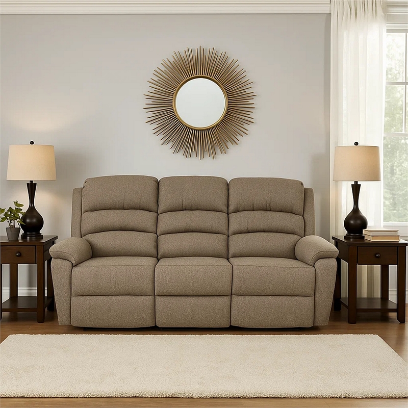 Fery 74 Inch Manual Recliner Sofa- 3 Seater- Brown Burlap Upholstery- Wood