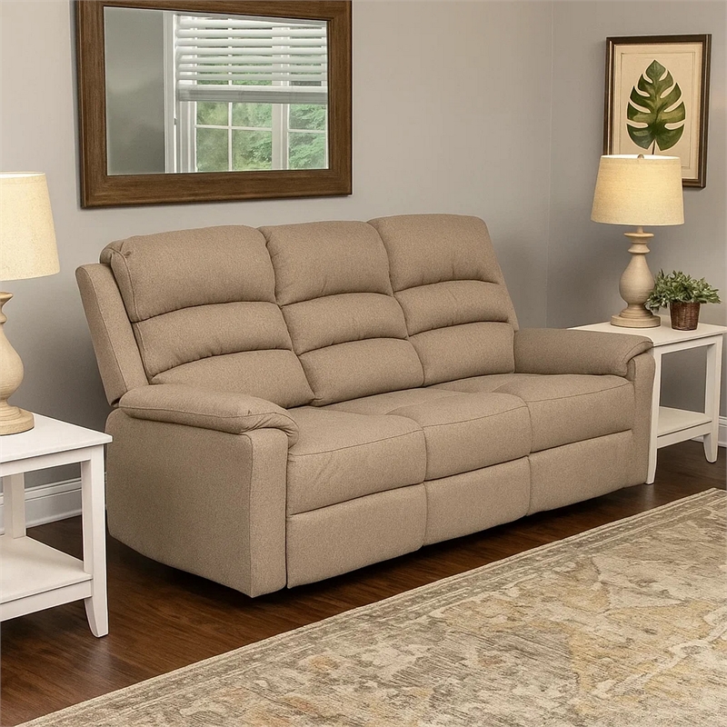 Fery 74 Inch Manual Recliner Sofa- 3 Seater- Brown Burlap Upholstery- Wood