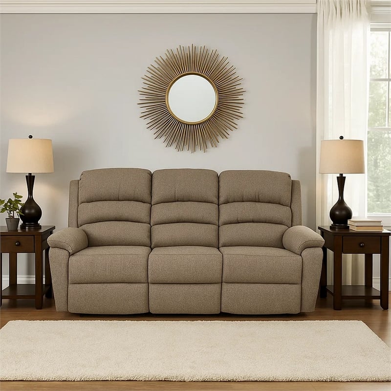 Fery 74 Inch Manual Recliner Sofa- 3 Seater- Brown Burlap Upholstery- Wood