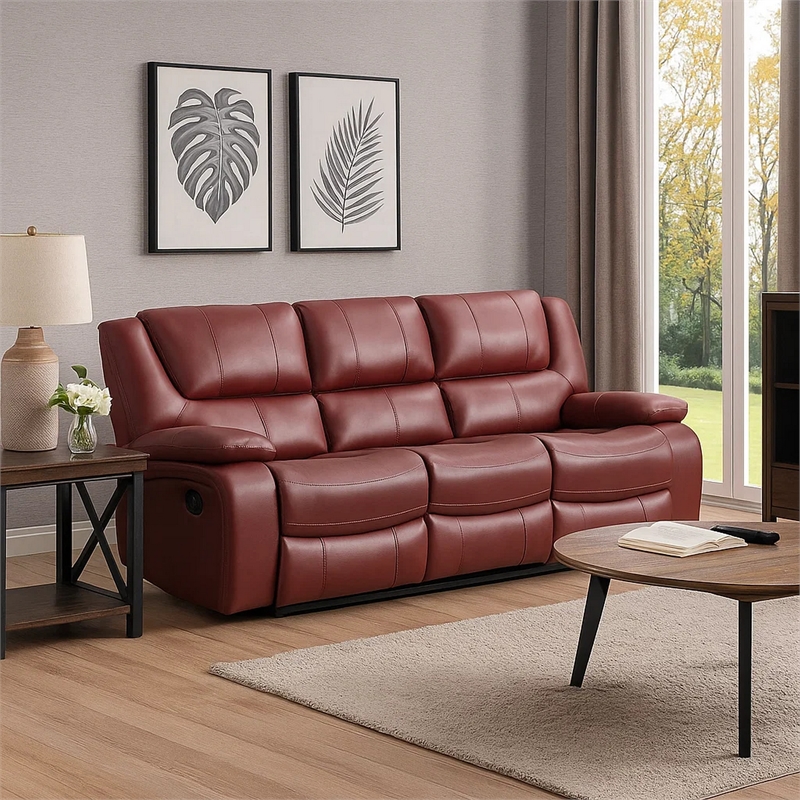 Mila 85 Inch Modern Manual Recliner Sofa- 3 Seater- Red Faux Leather