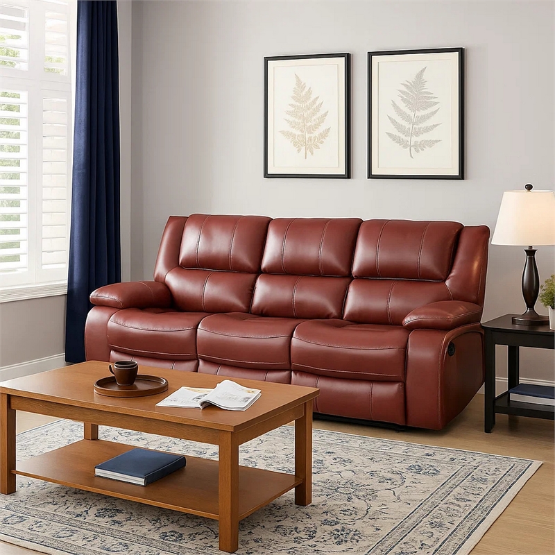 Mila 85 Inch Modern Manual Recliner Sofa- 3 Seater- Red Faux Leather