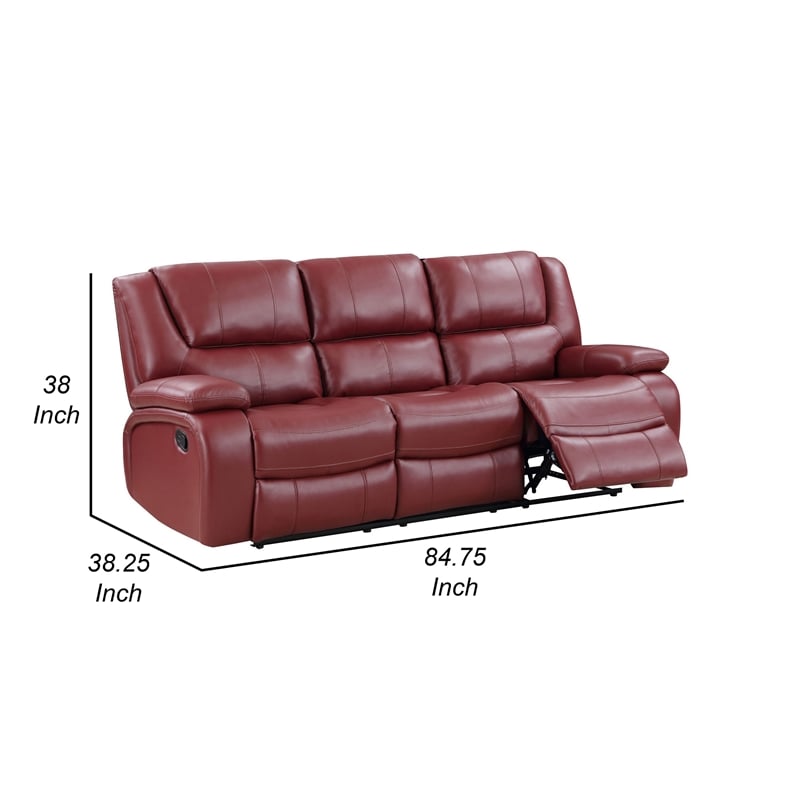 Mila 85 Inch Modern Manual Recliner Sofa- 3 Seater- Red Faux Leather