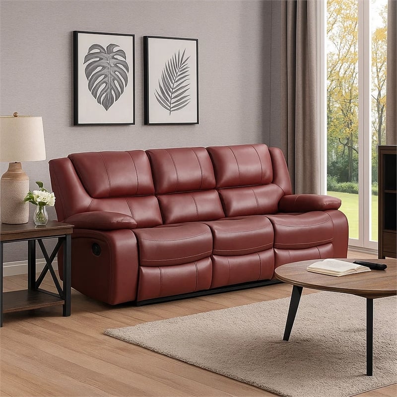 Mila 85 Inch Modern Manual Recliner Sofa- 3 Seater- Red Faux Leather