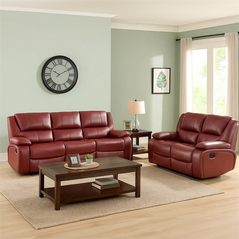 Mila 2pc Manual Recliner Sofa and Loveseat Set- Red Faux Leather- Wood