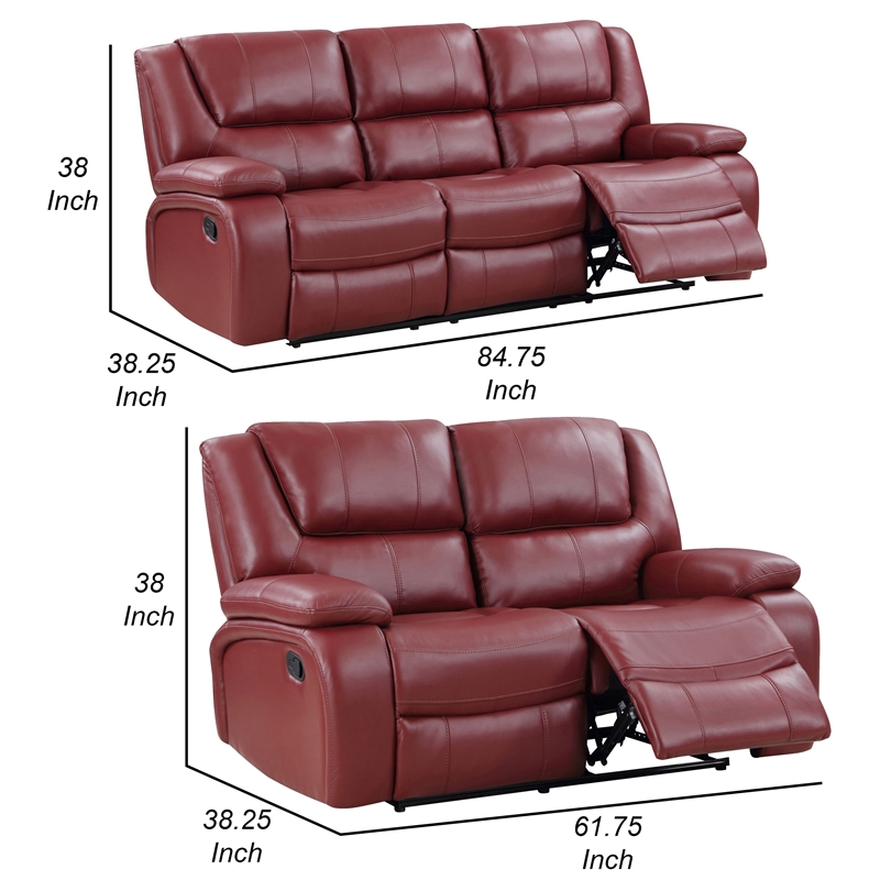 Mila 2pc Manual Recliner Sofa and Loveseat Set- Red Faux Leather- Wood