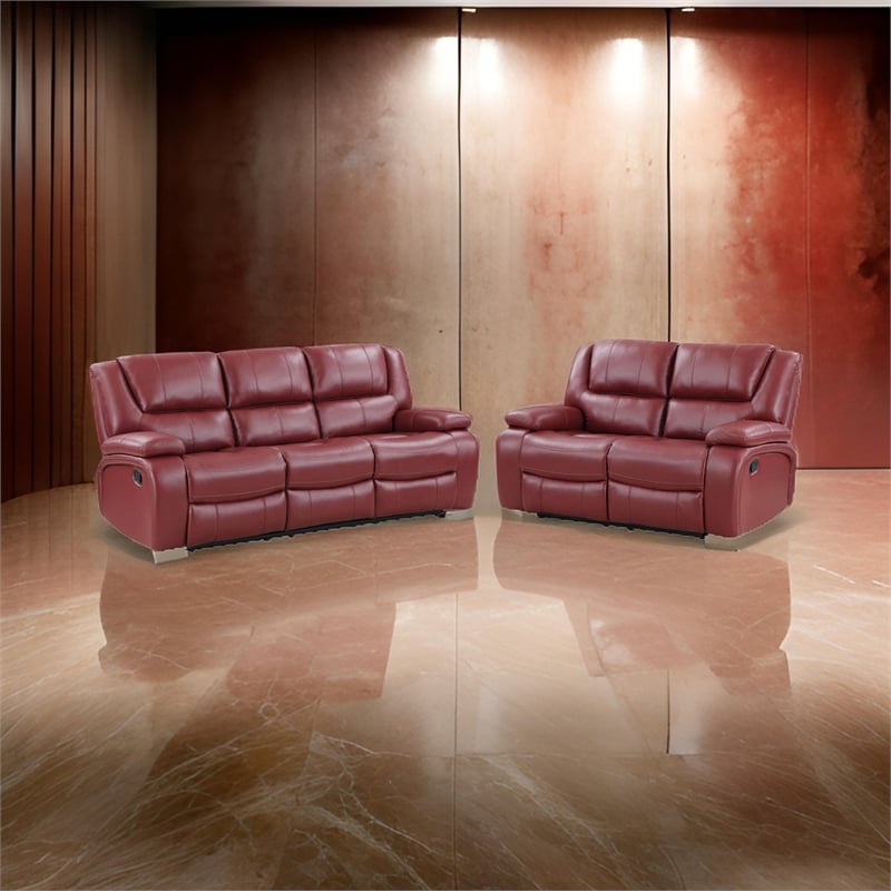 Mila 2pc Manual Recliner Sofa and Loveseat Set- Red Faux Leather- Wood