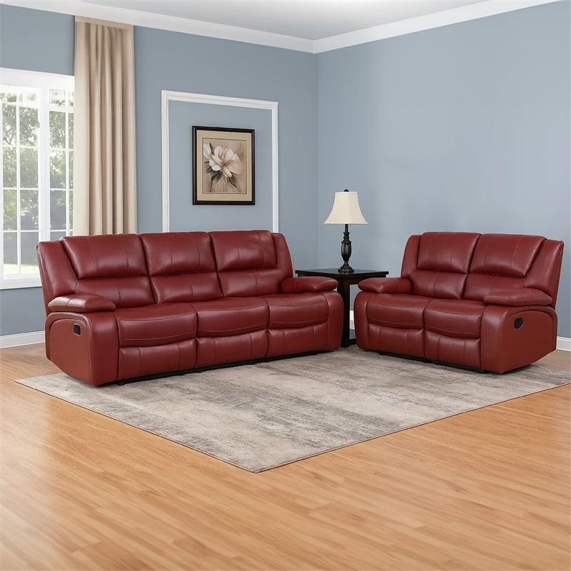 Mila 2pc Manual Recliner Sofa and Loveseat Set- Red Faux Leather- Wood