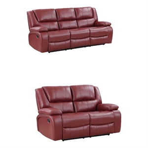 Mila 2pc Manual Recliner Sofa and Loveseat Set- Red Faux Leather- Wood