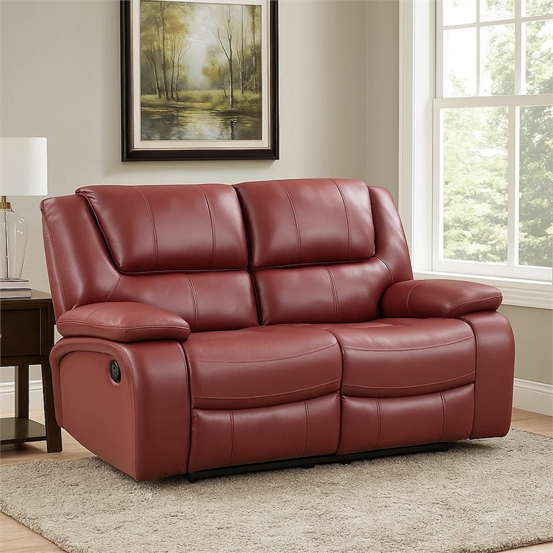 Mila 62 Inch Modern Manual Recliner Loveseat- 3 Seater- Red Faux Leather