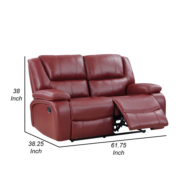 Mila 62 Inch Modern Manual Recliner Loveseat- 3 Seater- Red Faux Leather
