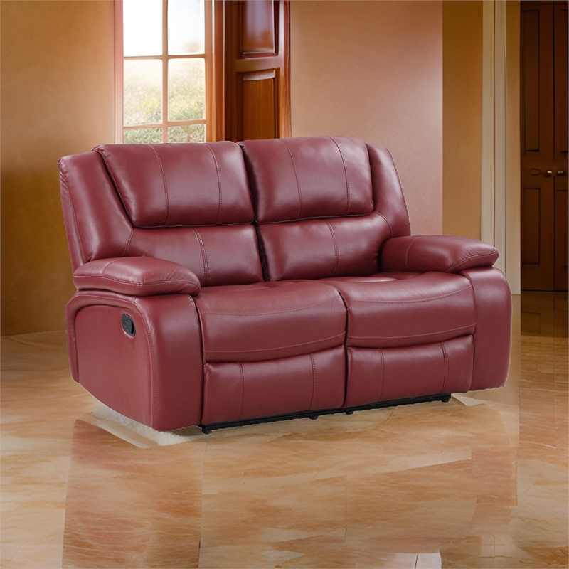 Mila 62 Inch Modern Manual Recliner Loveseat- 3 Seater- Red Faux Leather