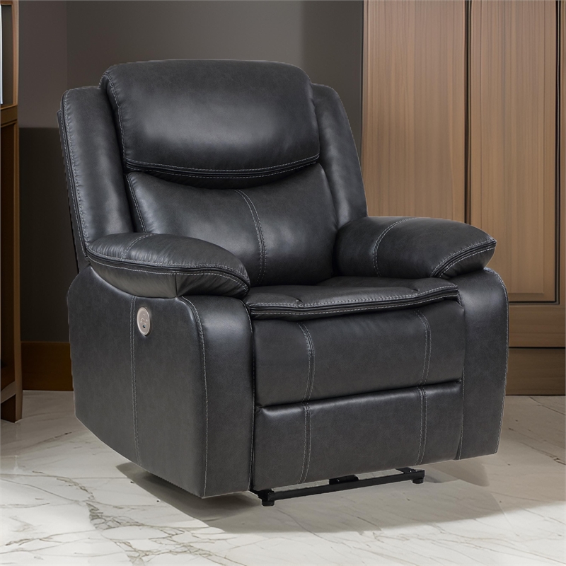 Susan Power Recliner- Dark Gray Faux Leather- USB Port- Pillow Top Arms