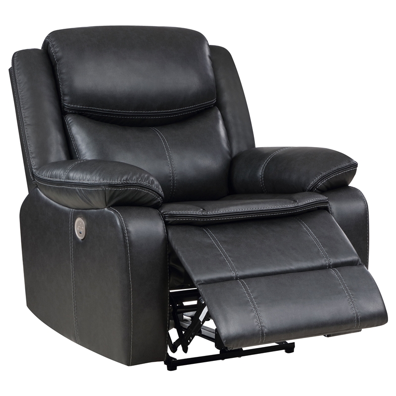 Susan Power Recliner- Dark Gray Faux Leather- USB Port- Pillow Top Arms