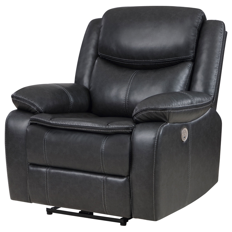 Susan Power Recliner- Dark Gray Faux Leather- USB Port- Pillow Top Arms