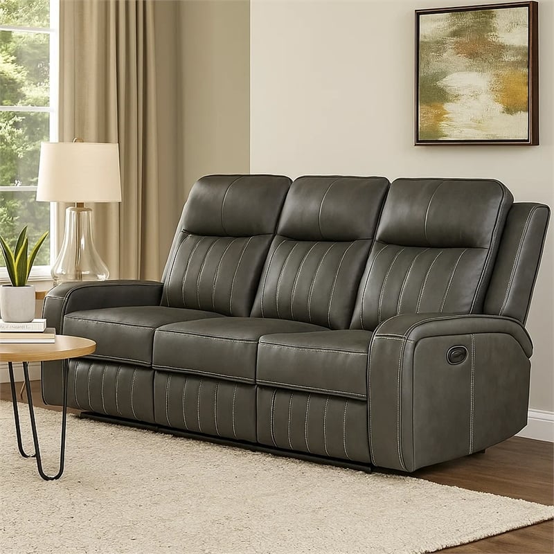 Josen Manual Recliner Sofa- Gray Faux Leather- Foam Cushions- 81 Inch