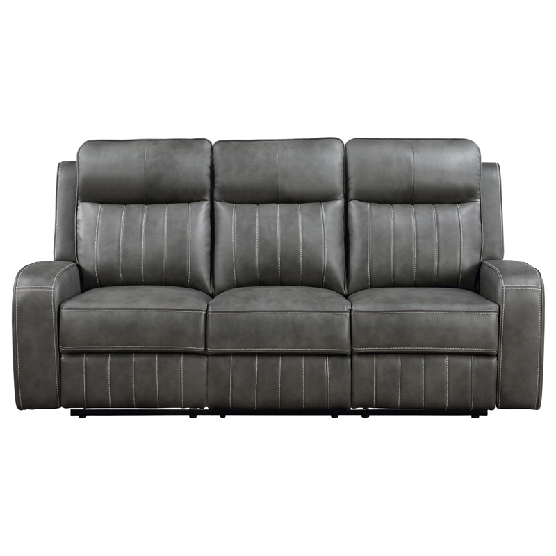 Josen Manual Recliner Sofa- Gray Faux Leather- Foam Cushions- 81 Inch