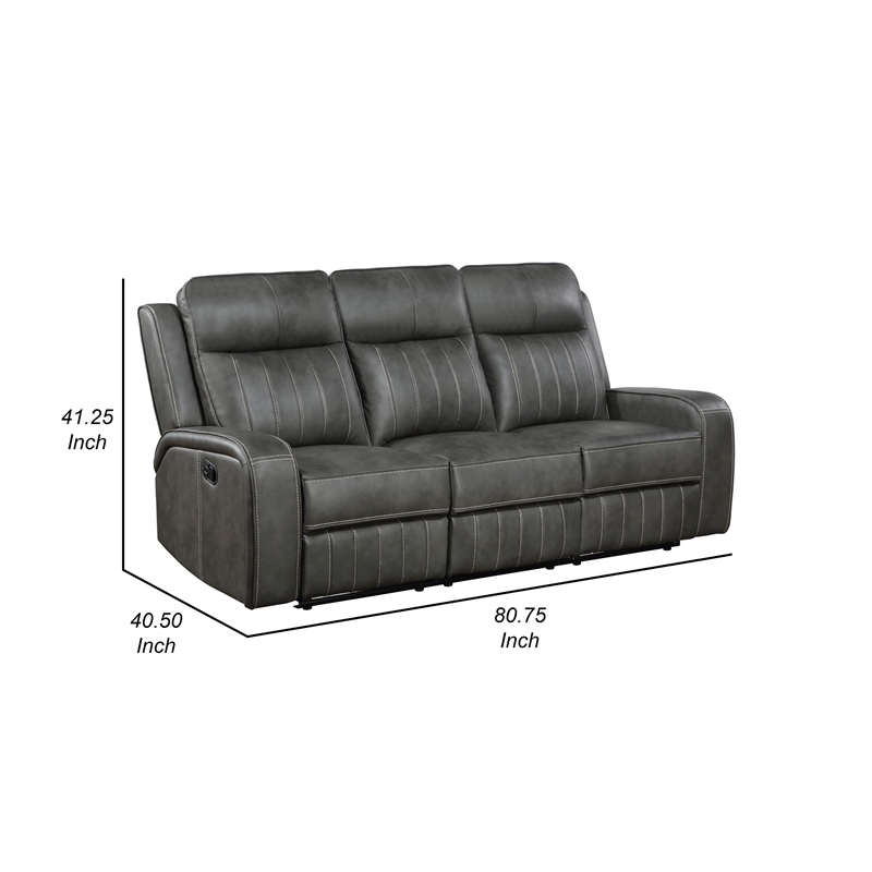 Josen Manual Recliner Sofa- Gray Faux Leather- Foam Cushions- 81 Inch