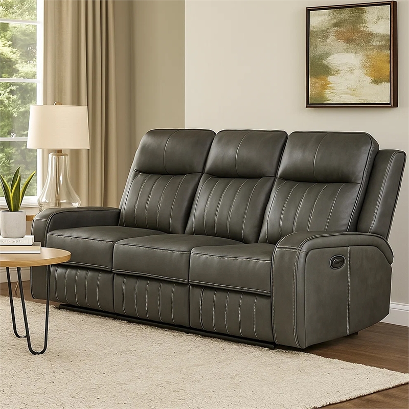 Josen Manual Recliner Sofa- Gray Faux Leather- Foam Cushions- 81 Inch