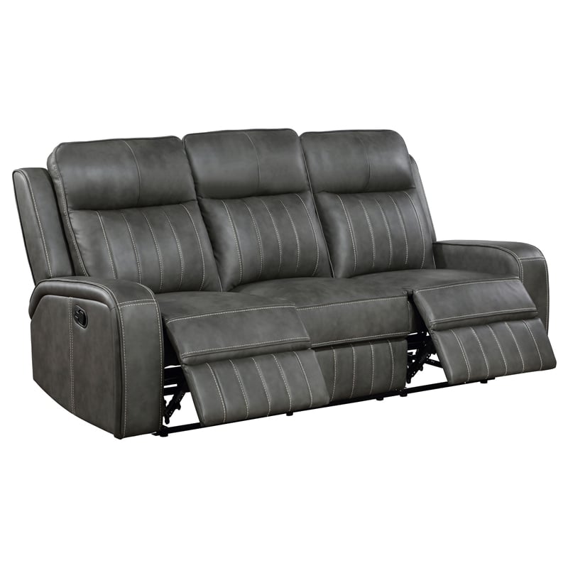 Josen Manual Recliner Sofa- Gray Faux Leather- Foam Cushions- 81 Inch