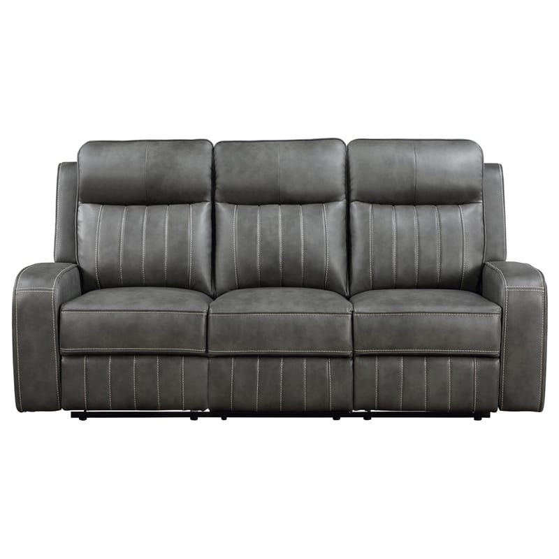 Josen Manual Recliner Sofa- Gray Faux Leather- Foam Cushions- 81 Inch