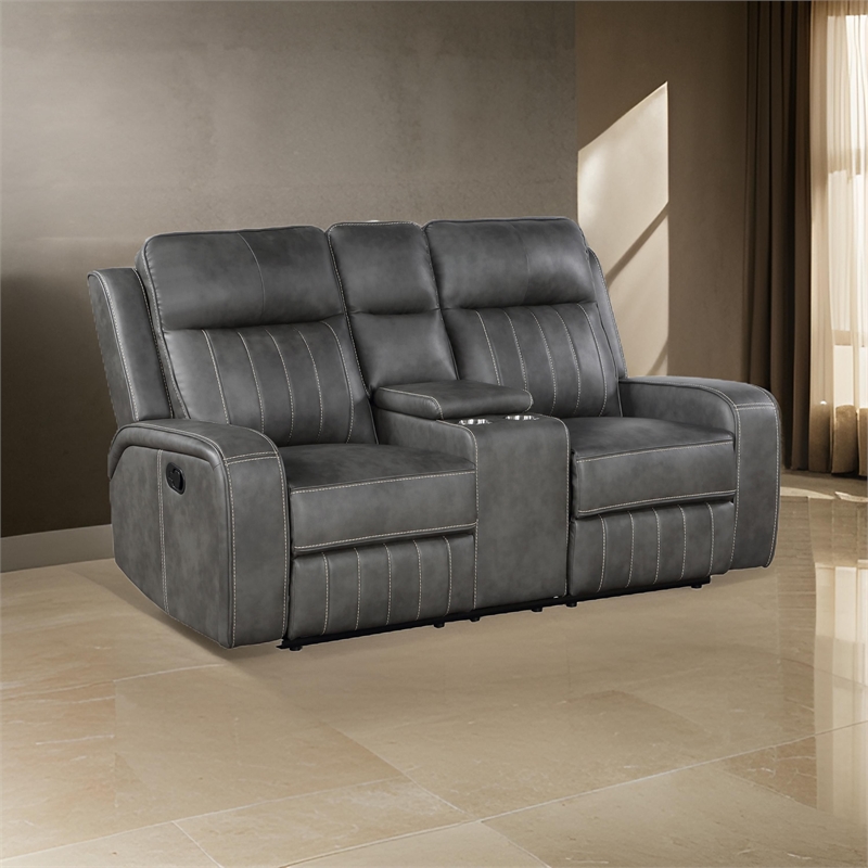 Josen Manual Recliner Loveseat- Gray Faux Leather- Foam Cushions- 71 Inch
