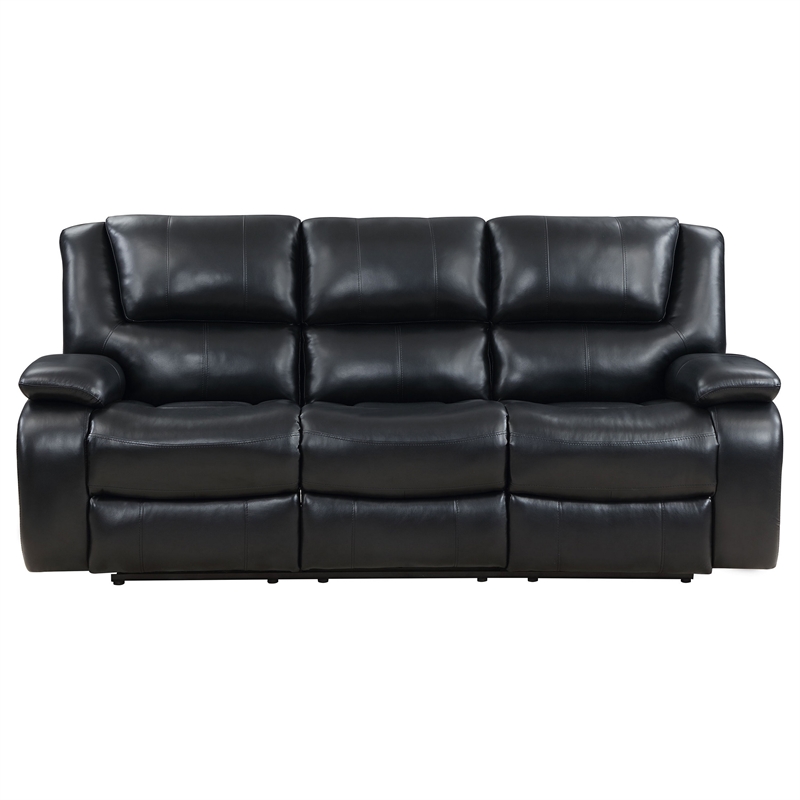 Mila Manual Recliner Sofa- Black Faux Leather- Pillow Top Arms- 86 Inch