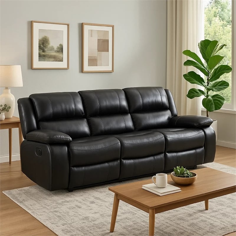 Mila Manual Recliner Sofa- Black Faux Leather- Pillow Top Arms- 86 Inch